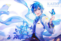 Rule 34 | 1boy, :d, belt, blue eyes, blue hair, blue nails, blue scarf, blue theme, bouquet, brown belt, bug, butterfly, character name, coat, feng you, flower, hair between eyes, highres, holding, holding bouquet, insect, kaito (vocaloid), kaito (vocaloid3), long sleeves, looking at viewer, male focus, nail polish, open mouth, scarf, short hair, smile, solo, tulip, vocaloid, white background, white coat, white flower