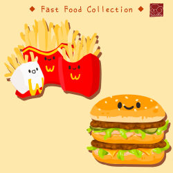 Rule 34 | artist logo, artist name, brand name imitation, bread, burger, fast food, food, food-themed creature, food focus, french fries, highres, lettuce, mcdonald&#039;s, meat, no humans, original, pickle, sauce, sesame seeds, simple background, smile, yellow background, yuki00yo