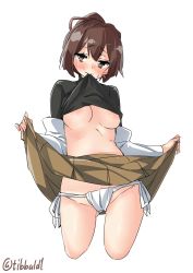 Rule 34 | 10s, 1girl, bad id, bad twitter id, blush, breasts, brown eyes, brown hair, brown ribbon, brown skirt, closed mouth, clothes lift, cowboy shot, cropped legs, ebifurya, fundoshi, gluteal fold, groin, hair ribbon, highres, inactive account, ise (kancolle), japanese clothes, kantai collection, lifted by self, long sleeves, looking at viewer, medium breasts, mouth hold, no bra, ponytail, ribbon, short hair, simple background, skirt, skirt lift, solo, stomach, sweat, twitter username, undershirt, white background