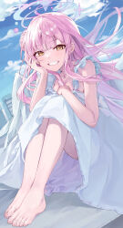 Rule 34 | 1girl, absurdres, barefoot, blue archive, blush, dress, feathered wings, feet, floating hair, hair bun, halo, hand on own cheek, hand on own face, highres, knees up, looking at viewer, mika (blue archive), outdoors, pink hair, rosu 1109, single side bun, sitting, sleeveless, sleeveless dress, smile, solo, toenails, toes, white dress, white wings, wings