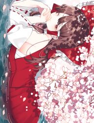 Rule 34 | 1girl, absurdres, bare shoulders, bow, brown eyes, brown hair, cherry blossoms, chest sarashi, closed mouth, detached sleeves, frilled bow, frills, hair bow, hair tubes, hakurei reimu, highres, long hair, long sleeves, one eye closed, red bow, red skirt, red vest, sarashi, sidelocks, skirt, smile, solo, toraneko 2, touhou, vest, white sleeves, wide sleeves