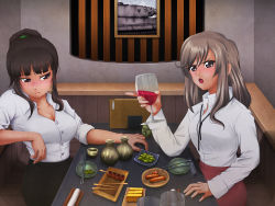 Rule 34 | 2girls, alcohol, bad id, bad pixiv id, black ribbon, blouse, blunt bangs, blush, bottle, breasts, brown eyes, brown hair, casual, chopsticks, cleavage, commentary, cup, drinking glass, drunk, edamame, food, frown, girls und panzer, hairi, half-closed eyes, high collar, high ponytail, indoors, long hair, looking at another, loose neckwear, mature female, menu, military, military vehicle, motor vehicle, multiple girls, nishizumi shiho, no jacket, pencil skirt, plate, restaurant, ribbon, sake bottle, sausage, shimada chiyo, shirt, sitting, skewer, skirt, sleeves rolled up, table, tank, tray, tsurime, unbuttoned, unbuttoned shirt, white shirt, wine, wine glass