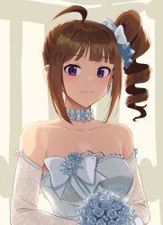 Rule 34 | 1girl, ahoge, bare shoulders, blue bow, blue choker, blue dress, blue flower, blunt bangs, blush, bouquet, bow, breasts, brown hair, choker, cleavage, closed mouth, collarbone, commentary, dress, drill hair, earrings, elbow gloves, english commentary, flower, gloves, hair ornament, holding, holding bouquet, idolmaster, idolmaster million live!, jewelry, kamille (vcx68), long hair, looking at viewer, medium breasts, purple eyes, side ponytail, sidelocks, smile, solo, strapless, strapless dress, upper body, wedding dress, white gloves, yokoyama nao