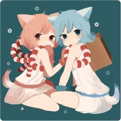 Rule 34 | 2girls, animal ears, ayu (mog), blue background, blue eyes, blue gloves, blush, border, cat ears, cat tail, closed mouth, flower, gloves, looking at viewer, multiple girls, original, red eyes, red gloves, red hair, robe, short hair, simple background, sitting, tail, white border