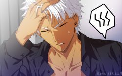Rule 34 | 1boy, akujiki59, archer (fate), black shirt, casual, closed mouth, collarbone, collared shirt, dark-skinned male, dark skin, fate/stay night, fate (series), hand in own hair, hand on own head, male focus, official style, open clothes, open shirt, shirt, short hair, solo, spiked hair, sweatdrop, upper body, white hair