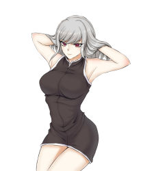 Rule 34 | 1girl, adjusting hair, alternate hairstyle, armpits, arms behind head, arms up, bare arms, bare shoulders, black dress, breasts, closed mouth, commentary request, cowboy shot, danganronpa (series), danganronpa 2: goodbye despair, dress, expressionless, grey hair, hair down, hands in hair, highres, invisible chair, large breasts, legs together, long hair, looking at viewer, pekoyama peko, red eyes, short dress, simple background, sitting, sleeveless, sleeveless dress, solo, white background, xuni guodu (calrxaqp)