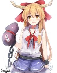 Rule 34 | 1girl, belt, blush, bow, chain, colorized, cuffs, gourd, hair ornament, hair ribbon, horns, ibuki suika, long hair, looking at viewer, open mouth, orange hair, ribbon, shirt, simple background, sketch, skirt, sleeveless, smile, solo, touhou, twitter username, upper body, white background, wowoguni, yellow eyes