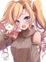 Rule 34 | 1girl, absurdres, artist name, bare shoulders, blonde hair, blue eyes, blush, dated, detached sleeves, drill hair, grey sweater, heart, highres, honolulu (kancolle), kantai collection, long hair, mashiro yukiya, open mouth, signature, simple background, smile, solo, sweater, twin drills, twintails, upper body, white background