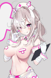 Rule 34 | 1girl, adapted costume, ahoge, bandaged arm, bandages, bandaid, bandaids on nipples, blush, breasts, clipboard, closed mouth, cowboy shot, detached collar, eyes visible through hair, fellatio gesture, gloves, grey background, hair ornament, hair over one eye, harenchi, hat, heart, highleg, highleg panties, highres, holding, holding clipboard, long hair, looking at viewer, medium breasts, midriff, miniskirt, mole, mole under eye, navel, nijisanji, no shirt, nurse, nurse cap, panties, panty straps, pasties, pink panties, purple eyes, silver hair, simple background, skirt, smile, solo, sukoya kana, tongue, tongue out, topless, twintails, underwear, virtual youtuber, white gloves, white hat, wrist cuffs, x hair ornament
