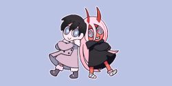 Rule 34 | 10s, 1boy, 1girl, bad id, bad tumblr id, bandages, black cloak, black hair, blue eyes, boots, child, cloak, coat, colored sclera, colored skin, commentary, couple, crossed arms, dancing, darling in the franxx, english commentary, fur boots, fur trim, green eyes, grey coat, hand up, hetero, hiro (darling in the franxx), holding hands, hood, hooded cloak, horns, long hair, looking at another, neru (catnelac), oni horns, parka, pink hair, red horns, red pupils, red sclera, red skin, short hair, winter clothes, winter coat, zero two (darling in the franxx)