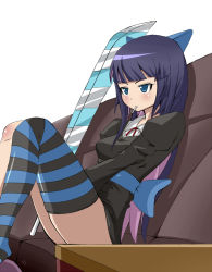 Rule 34 | 10s, 1girl, blue eyes, blush, candy, colored inner hair, food, hagiwara, lollipop, long hair, multicolored hair, panty &amp; stocking with garterbelt, single thighhigh, sitting, solo, stocking (psg), striped clothes, striped thighhighs, stripes i &amp; ii, sword, thighhighs, two-tone hair, weapon