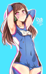 Rule 34 | 1girl, :&gt;, adapted costume, armpits, artist name, bare shoulders, blue background, breasts, brown hair, character name, collarbone, copyright name, covered navel, cowboy shot, d.va (overwatch), dated, facial mark, hands in hair, headphones, heart, heart-shaped pupils, highres, long hair, looking at viewer, nakatokung, name tag, old school swimsuit, one-piece swimsuit, outline, overwatch, overwatch 1, pink eyes, school swimsuit, simple background, skin tight, small breasts, smile, solo, swept bangs, swimsuit, symbol-shaped pupils, thighhighs, whisker markings, white outline