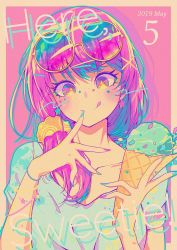 Rule 34 | 1girl, aqua nails, aqua shirt, bad id, bad twitter id, berryverrine, blue nails, blue shirt, blush, bracelet, collarbone, eyewear on head, finger to mouth, fingernails, food, glasses, hair between eyes, hair tie, hand on own face, happy, highres, holding, holding food, ice cream, ice cream cone, jewelry, looking at viewer, medium hair, multicolored nails, nail polish, neon palette, original, pink background, pink eyes, pink hair, pink nails, round eyewear, scrunchie, shirt, side ponytail, simple background, smile, solo, star (symbol), tongue, tongue out, upper body