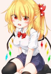 Rule 34 | 1girl, black thighhighs, blonde hair, blue skirt, blush, bow, bra, bra visible through clothes, bralines, breasts, buttons, collar, crystal, eyes visible through hair, flandre scarlet, hair between eyes, highres, looking at viewer, marukyuu ameya, medium breasts, medium hair, multicolored wings, open mouth, pink background, pink bra, ponytail, red bow, red eyes, red neckwear, see-through, seiza, shirt, short sleeves, simple background, sitting, skirt, solo, thighhighs, touhou, underwear, wet, wet clothes, wet shirt, white collar, white shirt, white sleeves, wings