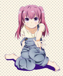 Rule 34 | 1girl, barefoot, feet, mattaku mousuke, original, outstretched arm, outstretched hand, overalls, pants, reaching, smile, solo, spread toes, strap slip, toes, twintails