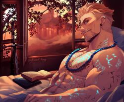 Rule 34 | 1boy, abs, bara, bead necklace, beads, bed, body markings, book, dead by daylight, earrings, edith lanzhen, facial hair, highres, indoors, jewelry, large pectorals, looking at viewer, male focus, muscular, muscular male, mustache, navel, necklace, on bed, open book, open window, pectorals, short hair, solo, sword, topless male, twitter username, vittorio toscano, weapon, white hair, window