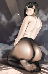 Rule 34 | 1girl, absurdres, ass, back, bare back, black hair, black pantyhose, brown pantyhose, feet, fine fabric emphasis, from behind, full body, hair behind ear, hair over one eye, highres, indoors, kamura (rain prophet), kneeling, long bangs, mole, mole above eye, mole on ass, no shoes, original, pantyhose, pupi (rain prophet), seiza, shiny clothes, sitting, soles, solo, steam, steaming body, toes, topless