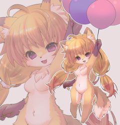 Rule 34 | 1girl, ahoge, animal ear fluff, animal ears, balloon, blonde hair, body fur, breasts, female focus, fox ears, fox girl, fox tail, furry, furry female, highres, holding, holding balloon, looking at viewer, medium breasts, no nipples, nude, open mouth, original, outline, purple eyes, racal ra, solo, tail, twintails, twitter username, white outline, zoom layer