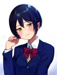 Rule 34 | 1girl, alternate hair length, alternate hairstyle, blazer, blue hair, blush, bow, bowtie, clenched hand, commentary request, half-closed eyes, hand up, highres, jacket, long sleeves, love live!, love live! school idol project, red bow, red bowtie, short hair, simple background, smile, solo, sonoda umi, striped bow, striped bowtie, striped clothes, striped neckwear, upper body, white background, yellow eyes, yuama (drop)