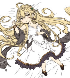 Rule 34 | 1girl, ahoge, bed sheet, blonde hair, brown eyes, dress, full body, granblue fantasy, hair between eyes, hair ornament, hair spread out, hand on own stomach, harvin, houtengeki, long hair, looking at viewer, lying, melissabelle, on back, pointy ears, solo, spaghetti strap, strap slip, very long hair, white dress