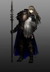 Rule 34 | 1boy, 1girl, armor, barefoot, black hair, brown hair, child, closed eyes, closed mouth, commentary request, dress, dullahan, full armor, gauntlets, gradient background, grey background, guro, headless, highres, holding, holding head, holding polearm, holding weapon, long hair, original, pauldrons, polearm, severed head, short hair, shoulder armor, simple background, smile, spear, undead, weapon, white dress, yellow eyes, yoruneiges