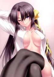 Rule 34 | 1girl, arm at side, arm behind head, arm up, black hair, black thighhighs, bow, breasts, breasts apart, closed mouth, collarbone, commentary request, crossed legs, dress shirt, eyes visible through hair, foreshortening, hair between eyes, hair bow, hair ribbon, head tilt, kurugaya yuiko, large breasts, light blush, lips, little busters!, long hair, looking at viewer, naked shirt, no bra, one eye closed, open clothes, open shirt, purple eyes, ribbon, seductive smile, shiny skin, shirt, sidelocks, simple background, smile, solo, straight-on, straight hair, thighhighs, very long hair, white background, white shirt, yellow bow, yellow ribbon, zen (kamuro)