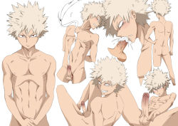 Rule 34 | 10s, 2boys, absurdres, ass, bakugou katsuki, blonde hair, blush, boku no hero academia, character sheet, cum, cum in mouth, ejaculation, erection, fellatio, highres, looking at viewer, male focus, masturbation, multiple boys, nude, oral, orgasm, penis, red eyes, smile, teeth, testicles, white background, wince, yaoi