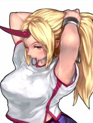 Rule 34 | 1girl, adjusting hair, blonde hair, breasts, chain, cuffs, envenomist (gengoroumaru), female focus, horns, hoshiguma yuugi, large breasts, long hair, looking at viewer, mouth hold, one eye closed, pointy ears, red eyes, shirt, short sleeves, simple background, single horn, skirt, solo, touhou, upper body, white background