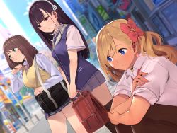 Rule 34 | 3girls, bag, blonde hair, blue eyes, blurry, blurry background, blush, breasts, brown hair, building, carrying over shoulder, city, closed mouth, crossed arms, day, dutch angle, female focus, green eyes, hand up, highres, holding, holding bag, itsutsuse, large breasts, legs, light blush, long hair, looking away, medium breasts, medium hair, mole, mole under eye, multiple girls, necktie, one side up, original, outdoors, papakatsu jk ga hamekatsu ni hamatta wake, purple hair, red eyes, school bag, school uniform, side ponytail, sitting, skirt, sky, smile, standing, thighhighs, thighs, vest, yellow vest