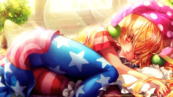 Rule 34 | 1girl, american flag dress, american flag legwear, artist name, ass, blonde hair, blue dress, blue pantyhose, blush, character name, clownpiece, commentary request, dress, feet out of frame, frilled pillow, frills, hair between eyes, hat, highres, indoors, jester cap, light particles, light rays, long hair, looking at viewer, lying, misaki (kyal 001), neck ruff, on side, pantyhose, parted lips, pillow, plant, polka dot, polka dot headwear, purple hat, red dress, red eyes, red pantyhose, short dress, short sleeves, smile, solo, star (symbol), star print, striped clothes, striped dress, striped pantyhose, thighs, touhou, white dress, white pantyhose, window
