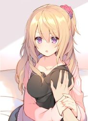 Rule 34 | &gt;:o, 1girl, :o, blonde hair, blush, grabbing another&#039;s breast, breasts, character request, collarbone, daijoubu? oppai momu?, eyebrows, grabbing, guided breast grab, guiding hand, hair ribbon, hand grab, large breasts, long hair, looking at viewer, mayachi (amuriya), on bed, one side up, open mouth, original, pink shirt, ponytail, pov, purple eyes, ribbon, shirt, sitting, solo focus, tsurime, v-shaped eyebrows