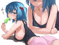 Rule 34 | 1girl, alternate costume, ass, bare arms, bare shoulders, blue eyes, blue hair, breasts, cleavage, eating, food, hair bobbles, hair ornament, kawashiro nitori, large breasts, long hair, looking at viewer, lying, megame (okbnkn), multiple views, on stomach, popsicle, sideboob, simple background, sweat, tank top, touhou, two side up, white background
