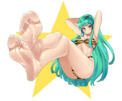 Rule 34 | 1girl, armpits, arms behind back, arms behind head, ass, bare arms, barefoot, bra, breasts, cleavage, closed mouth, collarbone, cone horns, crossed legs, eiji (eiji), feet, foot focus, foreshortening, green hair, highres, horns, long hair, looking at viewer, looking to the side, lum, medium breasts, navel, panties, pointy ears, simple background, solo, star (symbol), stomach, striped bra, striped clothes, striped panties, thigh gap, tiger stripes, underwear, urusei yatsura, white background, yellow eyes