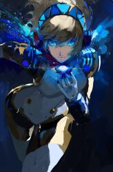 1girl absurdres aegis_(persona) alternate_form android blonde_hair blue_background blue_eyes blue_gemstone blue_light bow chest_jewel eyelashes gem gloves glowing glowing_eyes gold_buttons hairband hand_on_own_chest hand_up highres joints light_smile looking_at_viewer neck_ribbon neo_(blazykun) persona persona_3 red_bow ribbon robot_ears robot_girl robot_joints short_hair solo unfinished white_gloves