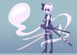 Rule 34 | 1girl, ayakashi (monkeypanch), black thighhighs, blindfold, boots, cosplay, dual wielding, from behind, gloves, hairband, high heel boots, high heels, highres, holding, konpaku youmu, konpaku youmu (ghost), look-alike, looking back, nier (series), nier:automata, parody, ribbon, sheath, shirt, short hair, silver hair, skirt, solo, sword, thigh boots, thigh strap, thighhighs, touhou, vest, weapon, 2b (nier:automata), 2b (nier:automata) (cosplay)