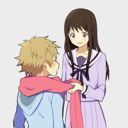 Rule 34 | 1boy, 1girl, back, blonde hair, blue jacket, blush, brown hair, closed eyes, collarbone, couple, from behind, from side, grey background, hair between eyes, hair down, hand up, holding, holding scarf, holding unworn clothes, hood, hood down, iki hiyori, inasaba, jacket, light blush, long hair, long skirt, long sleeves, looking down, lowres, non-web source, noragami, open mouth, pink scarf, purple eyes, purple sailor collar, purple shirt, purple skirt, sailor collar, scarf, school uniform, shirt, short hair, simple background, skirt, source request, standing, sweatdrop, swept bangs, yukine (noragami)