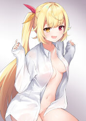 Rule 34 | 1girl, absurdres, alternate costume, areola slip, blonde hair, blush, breasts, cleft of venus, gradient background, grey background, hair ornament, hands up, heterochromia, highres, hoshikawa sara, kurenai rock, long sleeves, looking at viewer, medium breasts, naked shirt, navel, nijisanji, no bra, open clothes, open mouth, open shirt, pussy, pussy peek, red eyes, shirt, side ponytail, simple background, sleeves past wrists, smile, solo, stomach, thighs, virtual youtuber, white background, white shirt, yellow eyes