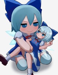 Rule 34 | 2girls, absurdres, black footwear, blue bow, blue dress, blue eyes, blue hair, bow, cirno, closed mouth, commentary request, dress, full body, fumo (doll), hair bow, highres, index finger raised, looking at another, mikan (manmarumikan), multiple girls, pinafore dress, shirt, short hair, short sleeves, simple background, sleeveless dress, smile, socks, touhou, white background, white shirt, white socks