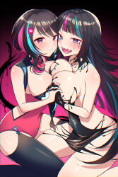Rule 34 | 2girls, absurdres, bare shoulders, black dress, black gloves, black hair, black thighhighs, blue hair, blush, bow, bowtie, breast press, breasts, closed mouth, commission, dress, emma llama, gloves, hair ornament, highres, holding hands, indie virtual youtuber, interlocked fingers, large breasts, leotard, liquid clothes, liquid from eyes, multicolored hair, multiple girls, open mouth, pink bow, pink bowtie, pink eyes, pink hair, pink leotard, pixiv commission, sharp teeth, sheep hair ornament, shihoaitogi, streaked hair, symmetrical docking, teeth, thighhighs, virtual youtuber, x hair ornament, yuri