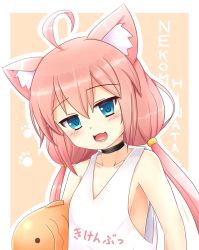 Rule 34 | 1girl, ahoge, animal ear fluff, animal ears, armpit peek, blue eyes, blush, cat ears, character name, collarbone, highres, hinata channel, kane-neko, nekomiya hinata, open mouth, outline, paw print, pink hair, simple background, solo, text background, twintails, upper body, virtual youtuber, white background, white outline
