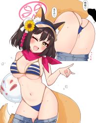 Rule 34 | 1girl, ;q, animal ear fluff, animal ears, anus, ass, ball, bikini, blue archive, blue bikini, blush, breasts, brown hair, clothes pull, commentary request, flower, fox ears, fox girl, fox shadow puppet, fox tail, hair flower, hair ornament, halo, highres, holding, holding ball, izuna (blue archive), izuna (swimsuit) (blue archive), k-y, large breasts, looking at viewer, navel, one eye closed, penis, red scarf, scarf, short hair, shorts, shorts pull, sideboob, simple background, solo focus, striped bikini, striped clothes, sunflower, sunflower hair ornament, swimsuit, tail, thighs, tongue, tongue out, underboob, visor cap, white background, yellow eyes