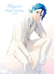 Rule 34 | 1boy, absurdres, blue eyes, blue hair, character name, collared shirt, dated, formal, hair behind ear, hand on own face, happy birthday, hayate immelmann, highres, jacket, looking at viewer, macross, macross delta, male focus, mosako, necktie, pants, shirt, shoes, sitting, solo, suit, white footwear, white jacket, white necktie, white pants, white shirt, white suit