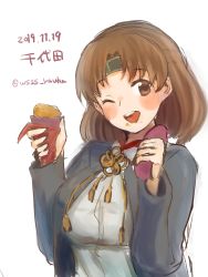 Rule 34 | 1girl, blouse, blush, breasts, brown eyes, brown hair, chiyoda (kancolle), dated, food, headband, highres, holding, holding food, jacket, kantai collection, large breasts, medium hair, shirt, signature, simple background, smile, sweet potato, wss (nicoseiga19993411)