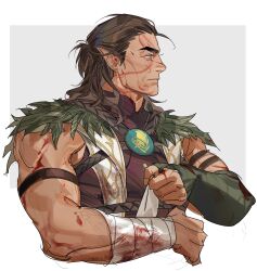 Rule 34 | 1boy, absurdres, baldur&#039;s gate, baldur&#039;s gate 3, bandaged arm, bandages, bara, blood, blood on arm, blood on clothes, brown eyes, brown hair, dark-skinned male, dark skin, dungeons &amp; dragons, elf, facial tattoo, fingerless gloves, gloves, green gloves, greensalad350, halsin, highres, leaf, looking ahead, male focus, mature male, medium hair, muscular, muscular male, pointy ears, simple background, solo, solo focus, tattoo, thick arms, thick eyebrows, vest