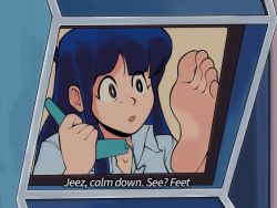 Rule 34 | 1girl, artist request, barefoot, blue hair, dirty pair, english text, feet, foot focus, highres, long hair, meme, open mouth, soles, solo, toes, yuri (dirty pair)