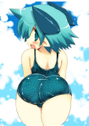 Rule 34 | 1girl, ass, bare shoulders, bent over, blue eyes, blue hair, looking back, matching hair/eyes, one-piece swimsuit, open mouth, original, pointy ears, sakaki (noi-gren), short hair, smile, solo, swimsuit