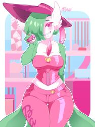 Rule 34 | 1girl, arm behind back, artist name, barbie (franchise), bare shoulders, blush, border, breasts, colored skin, cowboy shot, creatures (company), female focus, game freak, gardevoir, gen 3 pokemon, green hair, green skin, grin, hair over one eye, hand up, happy, hat, hat ribbon, heart, highres, holding, holding poke ball, looking at viewer, medium breasts, midriff, multicolored skin, nintendo, one eye covered, outline, outside border, pants, personification, pink eyes, pink pants, pink ribbon, pink shirt, pocket, poke ball, pokemon, pokemon (creature), purple hat, ribbon, sharp teeth, shiny clothes, shirt, short hair, signature, skindentation, smile, solo, standing, straight-on, strapless, teeth, thick thighs, thighs, tube top, two-tone skin, weepinbelly, white border, white outline, white skin, wide hips