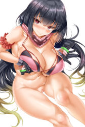Rule 34 | 1girl, @ @, absurdres, arm garter, bare shoulders, bikini, bikini top only, black gloves, black hair, blush, bottomless, breast hold, breasts, brown hair, cle masahiro, closed mouth, fate/grand order, fate (series), flying sweatdrops, gloves, gradient hair, hand on own chest, highres, large breasts, long hair, looking at viewer, low twintails, multicolored hair, navel, osakabehime (fate), osakabehime (swimsuit archer) (fate), osakabehime (swimsuit archer) (second ascension) (fate), pink bikini, pink scarf, purple eyes, pussy, scarf, sitting, solo, swimsuit, thighs, twintails, very long hair, wavy mouth