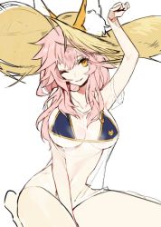 Rule 34 | 1girl, animal ears, arm up, bare arms, bare legs, between legs, bikini, blue bikini, breasts, commentary, fate/grand order, fate (series), fox ears, hair between eyes, hand between legs, hat, large breasts, long hair, looking at viewer, mo (mocopo), navel, one eye closed, orange eyes, parted lips, pink hair, see-through, seiza, simple background, sitting, sketch, smile, solo, sun hat, swimsuit, tamamo (fate), tamamo no mae (fate/extra), tamamo no mae (swimsuit lancer) (fate), tamamo no mae (swimsuit lancer) (second ascension) (fate), white background