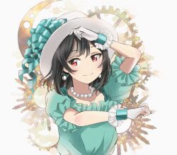 Rule 34 | 1girl, bead necklace, beads, black hair, collarbone, commentary, commentary request, dress, earrings, emotion (love live!), frilled sleeves, frills, gears, gloves, green dress, hat, highres, jewelry, love live!, love live! nijigasaki high school idol club, mifune shioriko, necklace, red eyes, shoc0s, short hair, short sleeves, sidelocks, smile, solo, upper body, white gloves, white hat